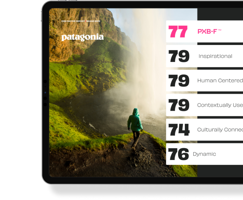 Example page from the PXB Factor report showing the five scoring dimensions.